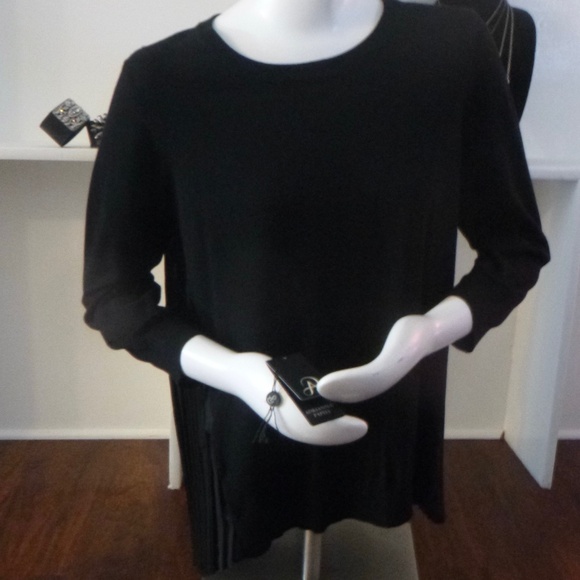 ADRIANNA PAPELL PLEATED WOVEN BACK SWEATER TOP M BLACK - Picture 1 of 16